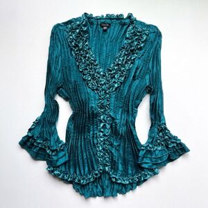 Y2K Piano Ruched Ruffle Teal Button-Up Blouse